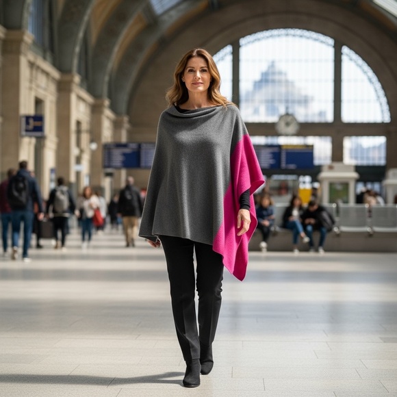 NWT Claudia Nichole 100% Cashmere Gray Fuchsia Colorblock Poncho Sweater O/S - Picture 2 of 8